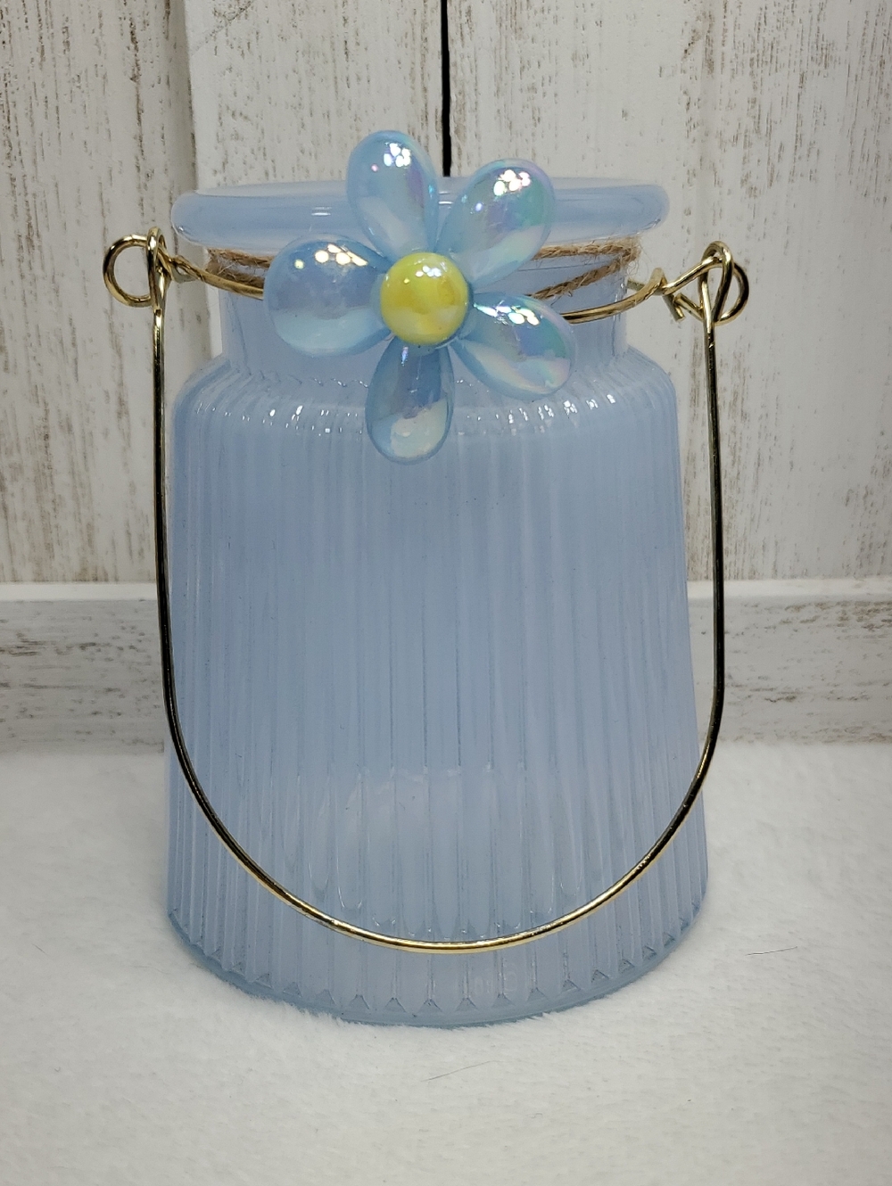 Light Blue Decorative Glass Vase Jar with Flower Accent & Gold Handle